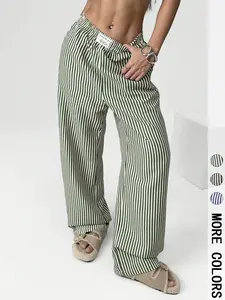 Women's Striped Textured Wide Leg Pants for All Seasons, Stylish and Comfortable Long Trousers, Perfect for Casual and Formal Wear, Casual Lounge Pants