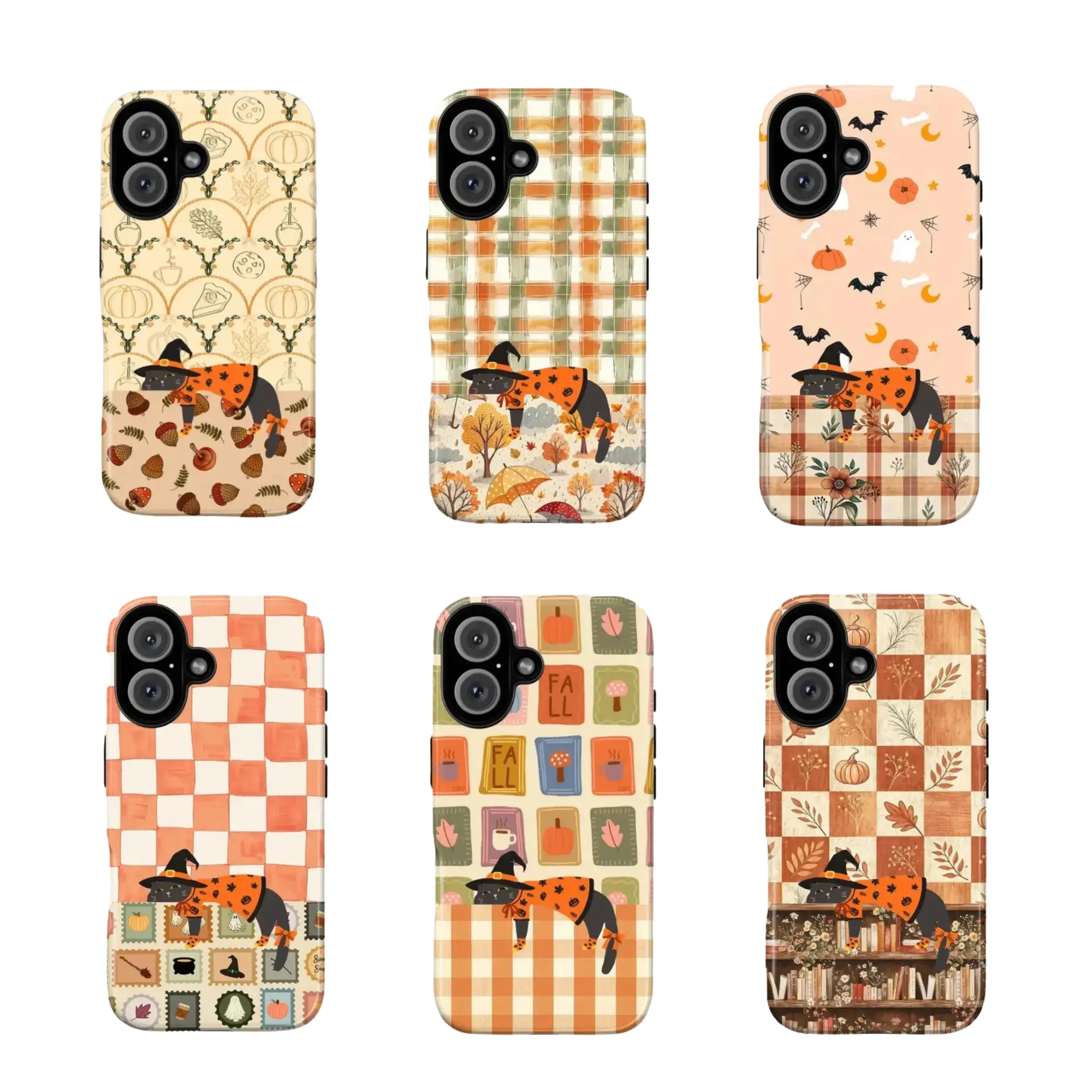 Cozy Fall Black Cat iPhone Case Halloween Witch Botanical Checker Phone Cover Autumn Pumpkin Plaid Suitable For iPhone 17 16 15 14 13