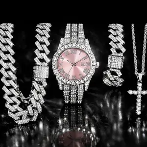 Bling Hip Hop Jewelry Kit | Full Iced Out Watch with Pink Dial, Cuban Link Necklace & Bracelet, Cross Pendant Set – Sparkling Rhinestone, Unisex Bling Style for Women, Perfect for Parties & Night Out