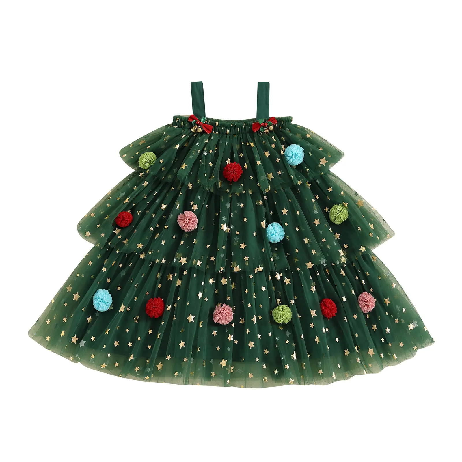 Canrulo Toddler Girl Christmas Dress Star Sequin Layered Tulle Tutu Dress Pompom Embroidery Cake Smash Gift Photo Shoot 1-9Y