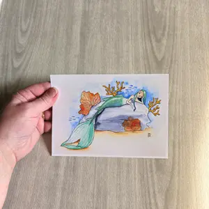 Art Print Green Mermaid on a Rock printed on Photo Paper 5"x 7" Not Matted