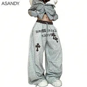 ASANDY Y2K Gothic Cross Print Oversized Baggy Sweatpants Women Leopard Waist Streetwear Casual Loose Pants