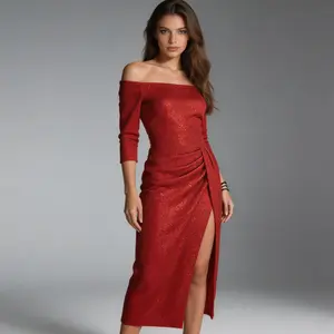 Elegant Hip-Wrapped Slit One-Shoulder Shiny Evening Party Dress in Stylish Fabric for Formal Occasions Women's Chic Glittery Red Dress - Womenswear - Elegance