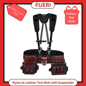 FUERI Tool Belt for Men with Suspender, Heavy Duty Nylon and Leather 26 Pockets Maroon and Black comes with Comfort Padded Belt,Spacious Pouches,Hammer Holder, Suspender Loops and Suspender for Carpenter Construction Electrician