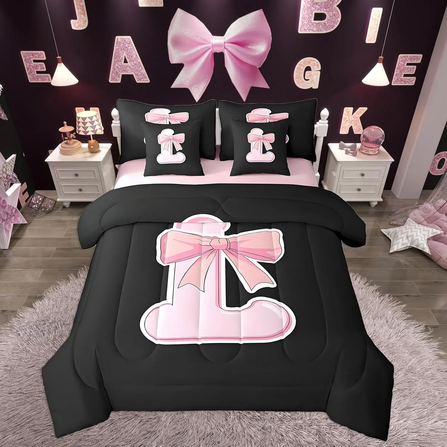 Kawaii Pink Bow Comforter Set with Sheets,Gifts for Women,Personalized Initial Letter L 7 Piece Bedding Set,Soft Monogrammed Bed in a Bag with Comforter,Sheets,Pillowcases