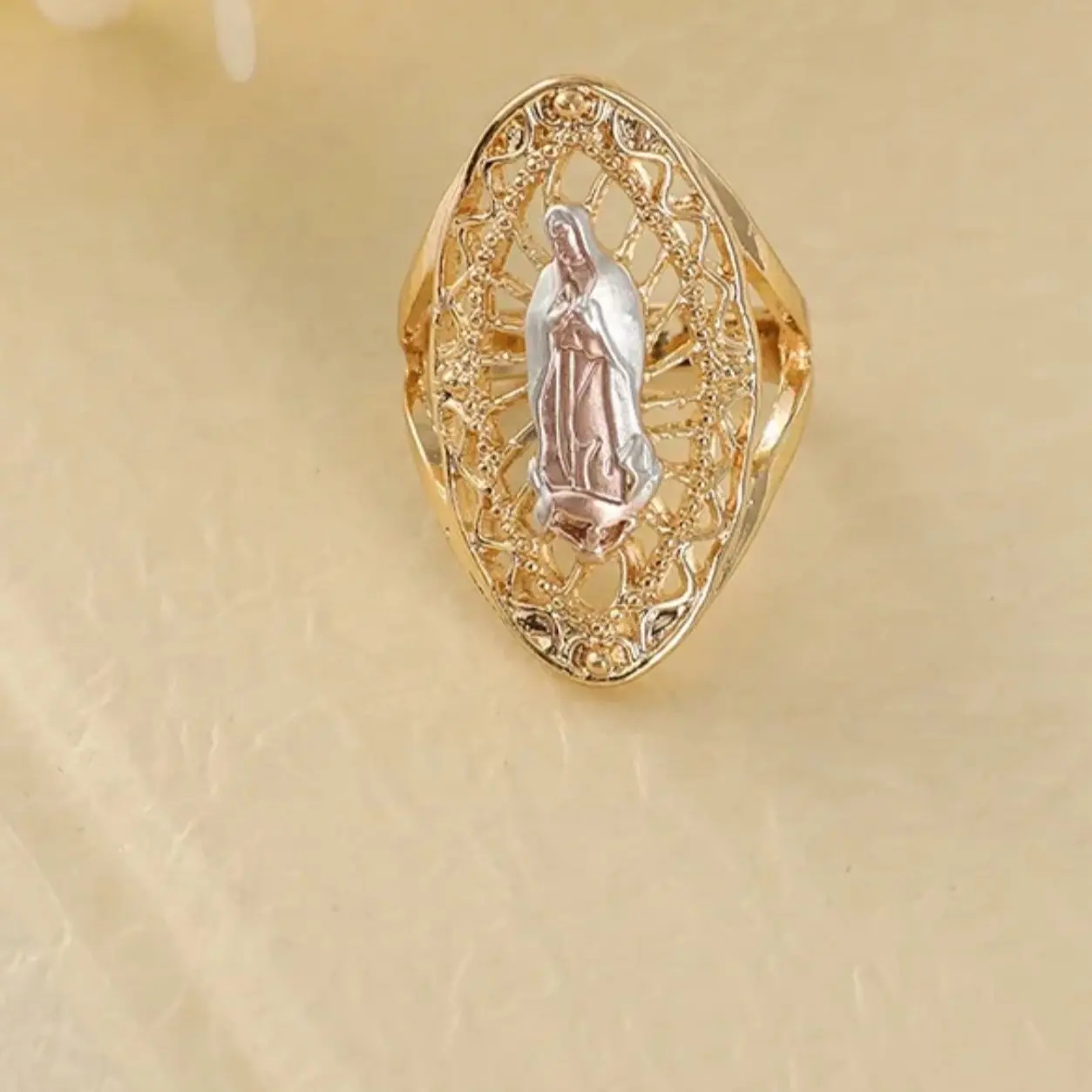 Two Tone Plated Virgin Mary Guadalupe Religious ring sz 7