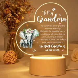 To My Grandma Night Light, Elephant Acrylic Engraved Lamp, Grandma Gifts from Grandchild, Heart-Shaped LED Nightlight, Birthday/Christmas Gift for Grandma, Warm Bedroom Decor Light