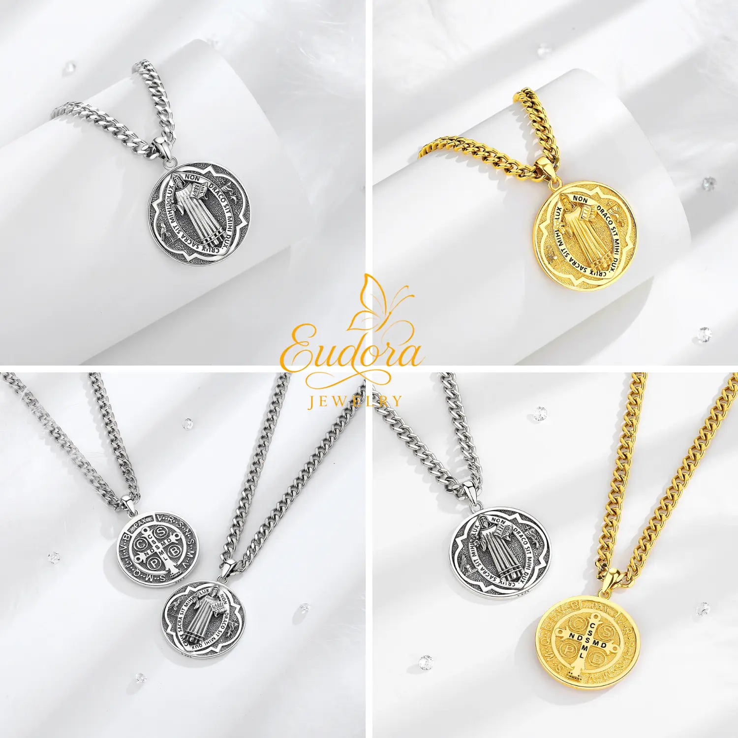 Eudora S925 Sliver St. Benedict Key Necklace, Silver and Gold-Plated Saint Benedict Pendant for Spiritual Protection, Catholic Sacramental Jewelry Gift for Prayer Eudora S925 Sliver St. Benedict Key Necklace, Silver and Gold-Plated Saint Benedict Pendant for Spiritual Protection, Catholic Sacramental Jewelry Gift for Prayer