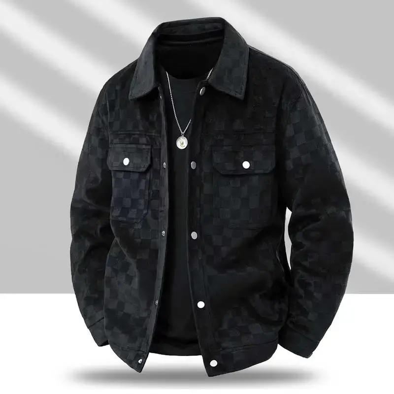 Men’s Classic Relaxed Fit Black Checkered Turn-Down Collar Jacket - Dark Plaid, Double Buttoned Pockets, Casual Workwear Outerwear for Daily Commuting, Street Wear, Casual Outings