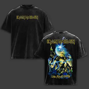 Live After Death Iron Maiden Washed T-Shirt, Eddie the Head Heavy Metal Music Band Washed Tee, Rock Band Double Printed Washed Graphic T-Shirt, Gift For Metalhead Fan Crewneck Casual Cotton Fabric Menswear