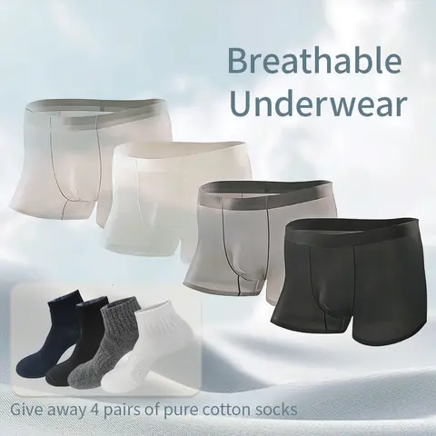 【Buy 4 Get 4 Free】Men's Mid-Waist Stretch Ultra-Thin Cool Microfiber Boxers - Comfortable, Breathable, Lightweight, Chafe-Free Underwear, M Size, Ideal Birthday Gift for Men, Boxers Or Trunks
