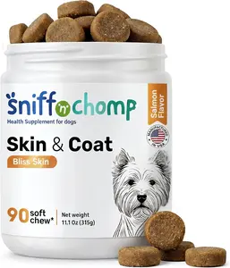 Sniff 'n' Chomp Skin and Coat , Omega 3, with Wild Salmon Oil, Biotin, and Vitamin C, Fish Oil Dogs for Dog Severe Dry Skin Support, Itch Relief,