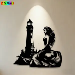 1pc Mermaid & Lighthouse Metal Wall Art, Coastal Mermaid Statue Mural, Ideal Gift for New Year, Easter, Nautical Decor Enthusiasts, Weather-Resistant Metal Wall Decor Wall Sculptures, Perfect for Outdoor Wall & Garden Fence, Beach House Decor