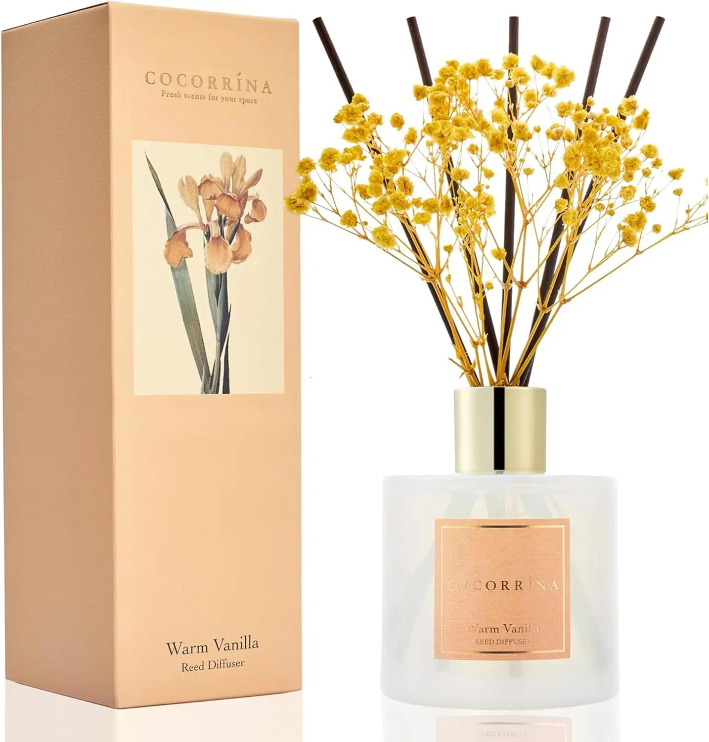 Cocorrína Reed Diffuser - Warm Vanilla Scented Diffuser with 8 Sticks Home Fragrance Reed Diffuser for Bathroom Shelf Decor
