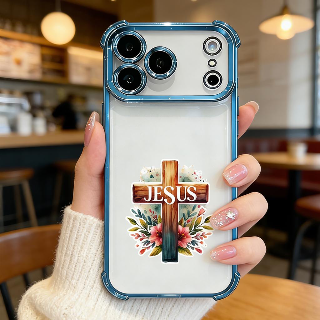 Floral Jesus Cross Phone Case for iPhone 11/12/13/14/15/16/17 Pro Max Plus & 17 Air, Gold Electroplated Religious Christian Cover DDSJ-260407028