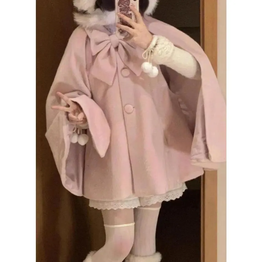 Japanese Lolita Sweet Pink Cloak Jackets Women Y2k Aesthetic Single Breasted Coat Harajuku Kawaii Solid Bow Oversize Cape Jacket