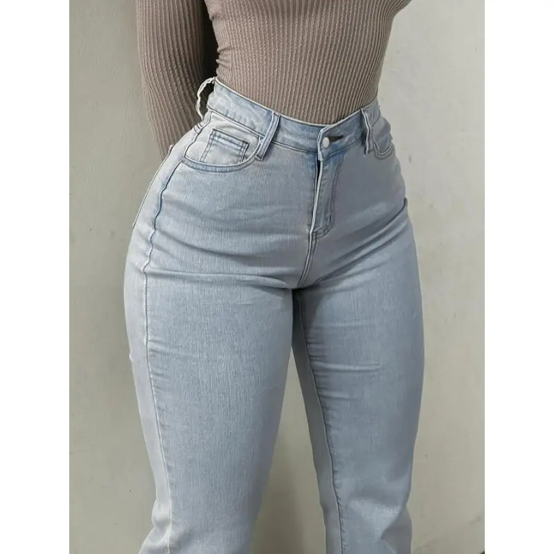 High Waist Flared Jeans, Light Wash Denim, Street Style Fashion, Stretch Fit Butt-Lifting Long Pants With Pockets - Perfect For Fall & Winter High Waist Flared Jeans, Light Wash Denim, Street Style Fashion, Stretch Fit Butt-Lifting Long Pants With Pockets - Perfect For Fall & Winter