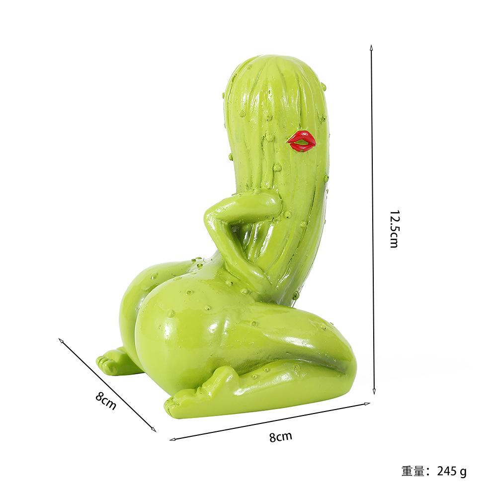 Funny sexy cactus figurine with red lips, quirky resin cactus statue for office desk decor, whimsical ugly-cute plant ornament, creative gag gift for friends, abstract desktop stress relief toy, unique home bookshelf decoration, green sculpture