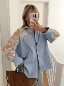 French Lace Patchwork Blue Striped Long Sleeve Shirt for Women, 2026 Spring New Arrival, Loose Fit, Unique Design, Casual Blouse, All Season Blouse