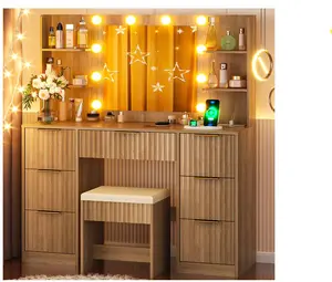 Makeup Vanity Set with 3 Color Lighted Mirror & Charging Station, Dressing Table w/ 7 Drawers for Femal Gift, Wood Color