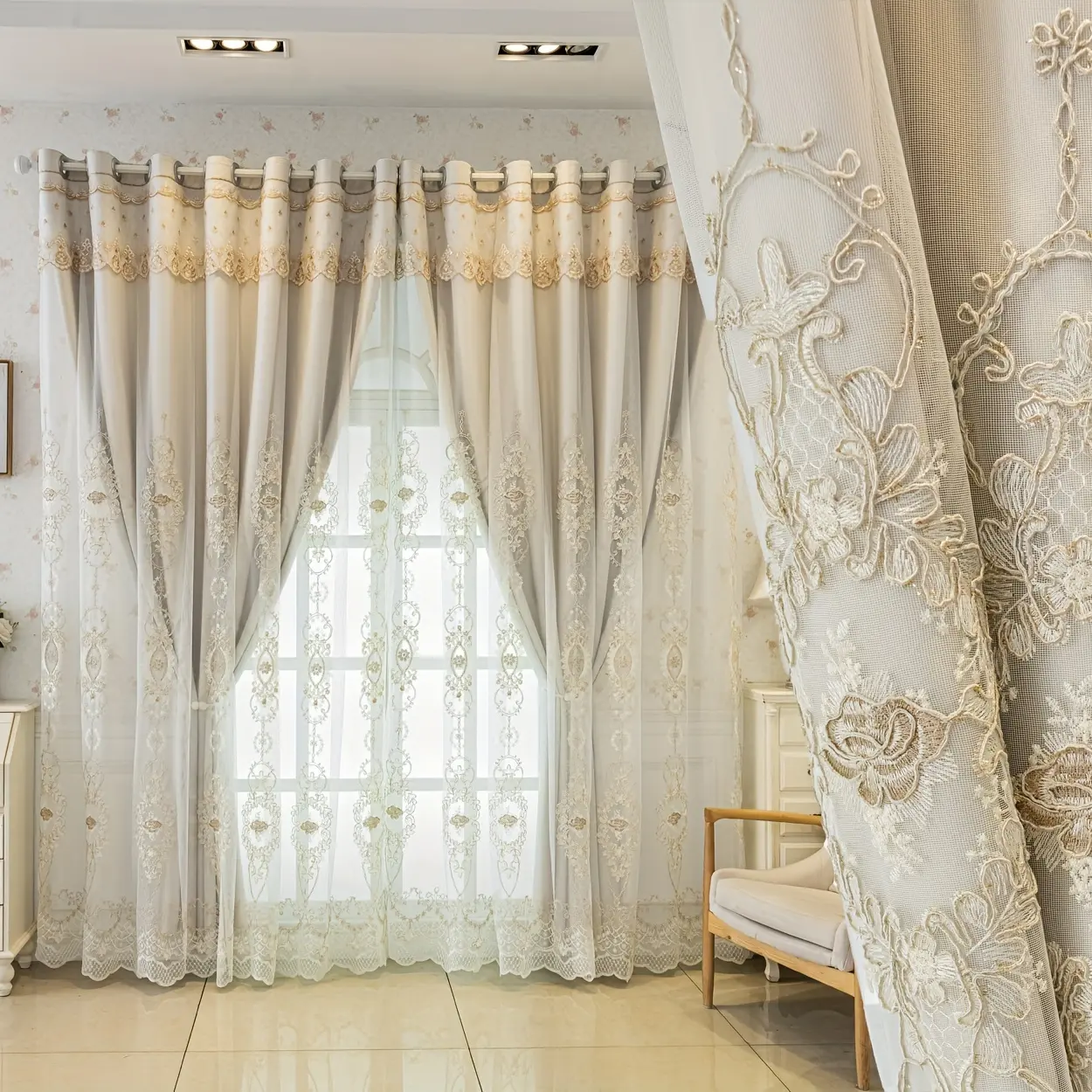 1pc Double Layer Embroidered Blackout Curtain, European Style Drapes for Living Room Bedroom Dining Kitchen, Home Decor Window Covering