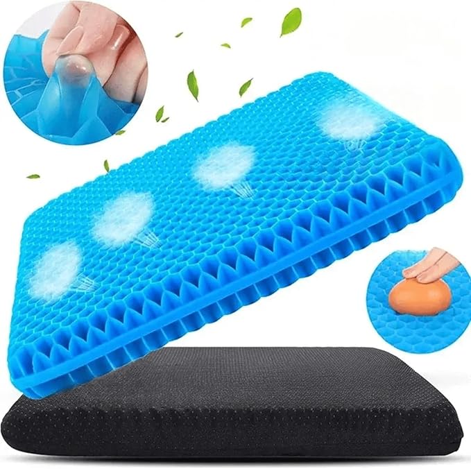 Gel Seat Cushion for Long Sitting - Double Thick Honeycomb Design, 16.5x14x1.5inch, Non-Slip Cover, Sciatica Pain Relief, Office Chair, Car, Wheelchair, Travel, Machine-Washable, Ergonomic, Cool & Comfortable