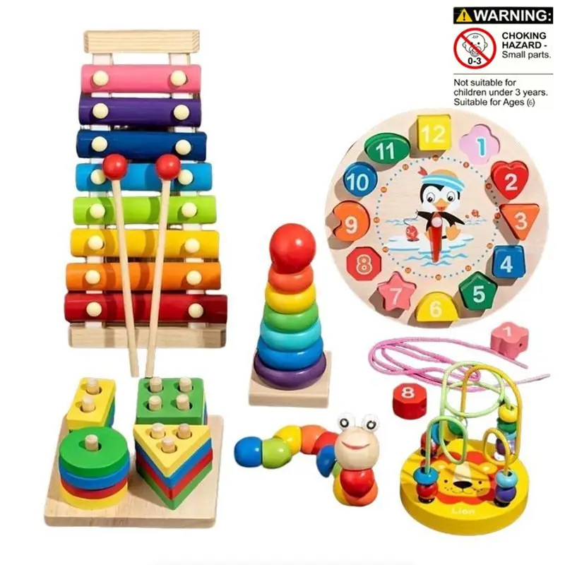 6 in 1 Wooden Montessori Toy, Multi-functional Educational Sensory Activity Board Toy Set for Boys & Girls, Perfect Birthday Gift for Learning & Playing, Multi Activity Playset, Preschool Learning Tool, Wooden Preschool Busy Board