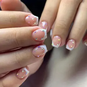 Press on Nails Extra Short Square MABKJLF French Tip Fake Nails Full Cover Glue on Nails Rhinestones False Nails White Acrylic Press on Nails Stick on Nails Artificial Nails for Women Girls 24 Pcs