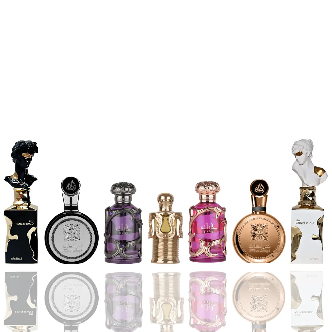 Lattafa 7-Piece Unisex Arabian Perfume Oil Sampler Bundle - Highly Scented, Multi-Scent Packaged Miniaturized Bundle Unisex Fragrance with Spicy, Woody Notes: His Confession, Her Confession, Habik, Fakhar Extract, Maitha