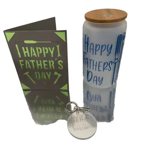 Father's Day Gift Bundle: Tool-Themed Engraved Keychain, Greeting Card, and 16 oz Glass with Bamboo Lid and Straw. Write the year you want in the order. Dad