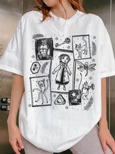 Women's White Oversized T-Shirt - Coraline Character Collection Sketch Graphic Dark Fairy Tale Style Casual Short Sleeve Womenswear Clothes
