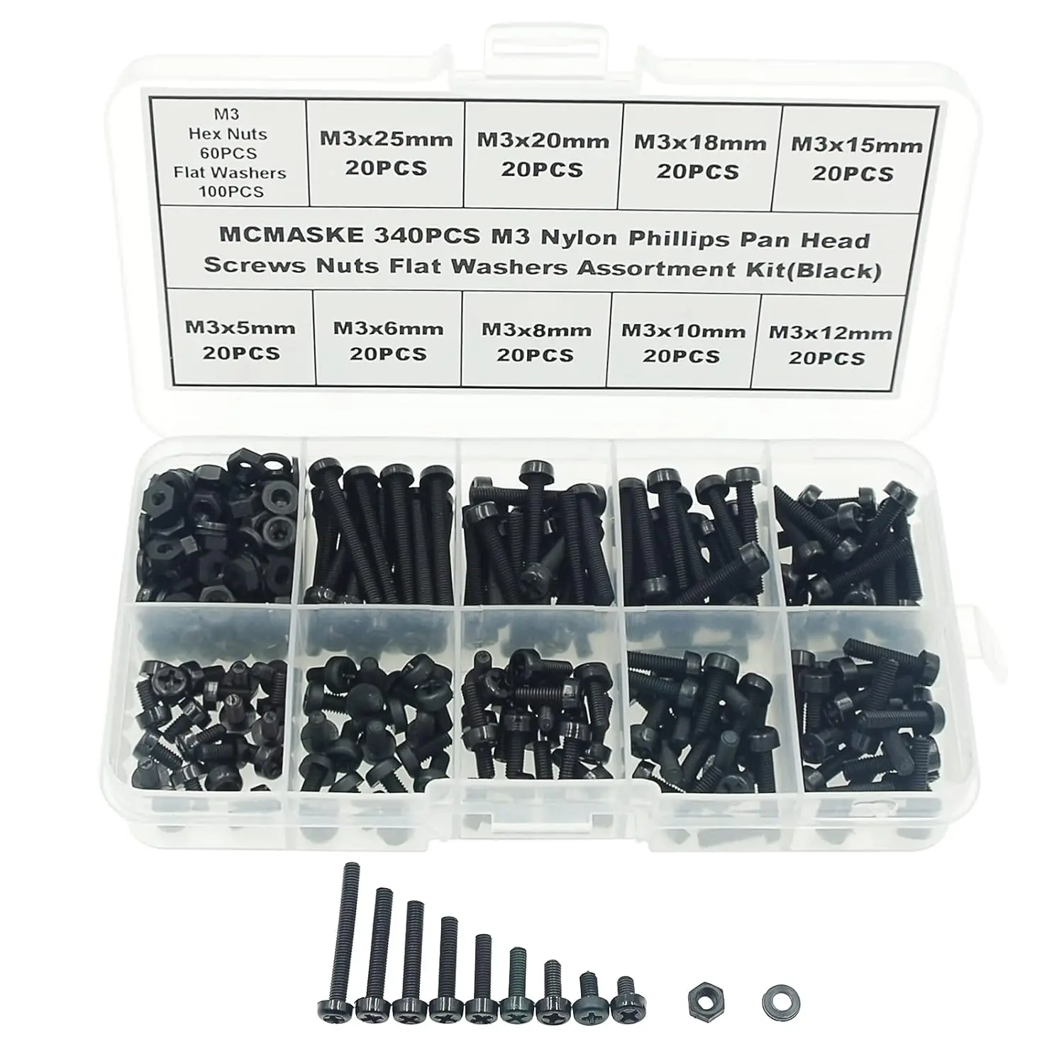 Metric M3 Phillips Pan  Nylon Screws Nut Washer Assortment Kit,Screws Length:5mm to 25mm(Black)