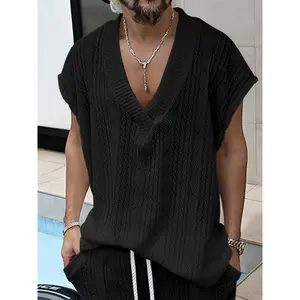 [Summer Men's Sleeveless] Casual Deep V Neck Men's Sleeveless Shirts |   Knit Fabric, Ideal For Outdoor Activities, Beach, Holiday Menswear Top