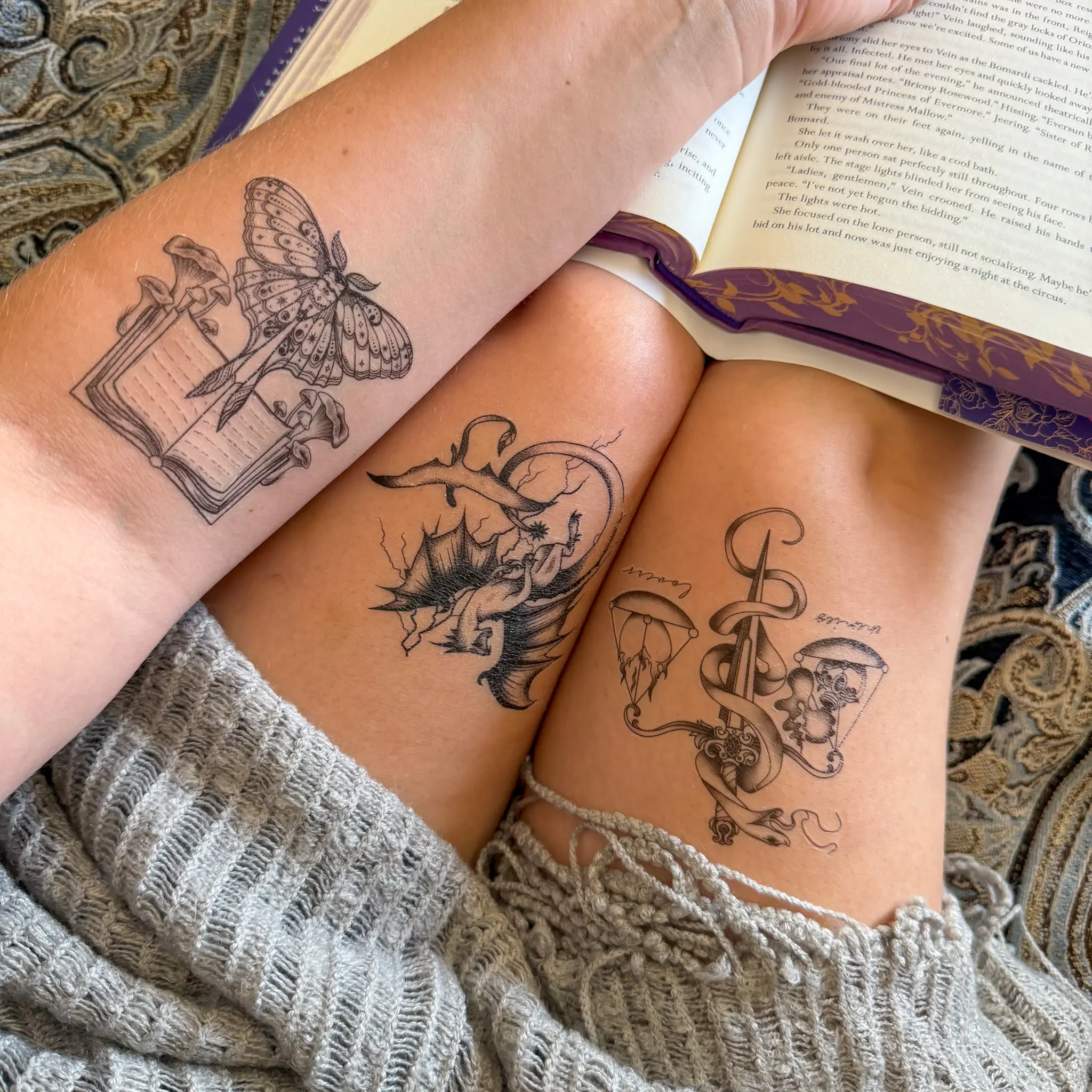 Bookish Temporary Tattoo Dragon Tattoo Romantasy Knight Renaissance Faire Fantasy Ball Cosplay Accessories Gothic Tattoo Temporary Body Art For Book Lovers Gifts For Readers Book Club Gift Bookish Aesthetic Morally Gray Book Tropes Dark Academia Booktok