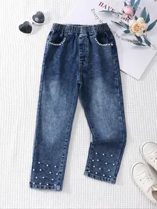 Girls' Skinny Straight Jeans, Pearl Embellished Denim Jeans, Long Loose Fit, Casual Fashion, Suitable for Ages 1-8, All Seasons