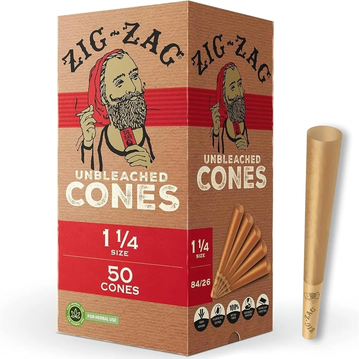 ZIG-ZAG Pre Rolled Cones 1 1/4 Size Unbleached (50 Pack) | Slow Burning, With Tips, Packing Tubes Included, Bulk Pack