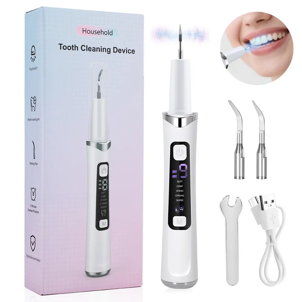 Ultrasonic Tooth Cleaner with LED Light & 5 Adjustable Modes, Household Teeth Cleaning Kit with 2 Replacement Heads, Rechargeable Oral Care Tool
