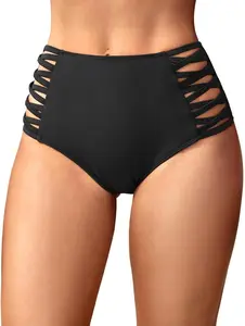 Women's High Waisted Bikini Bottoms Tummy Control Swimsuit Bottom Only Sexy Strappy Side Hollow Out Bathing Suit Bottoms Slimming Cheeky Swimwear for Summer Beach Vacation Pool Party Solid Black Stretchy Comfortable Swim Briefs Separates XXS-XXL