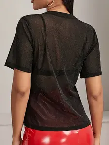 Sexy Glitter Mesh T-Shirt, Women's Summer Short Sleeve Sequin Top, Y2K Retro Street Style, Party Wear, Slimming, Plus Size Friendly
