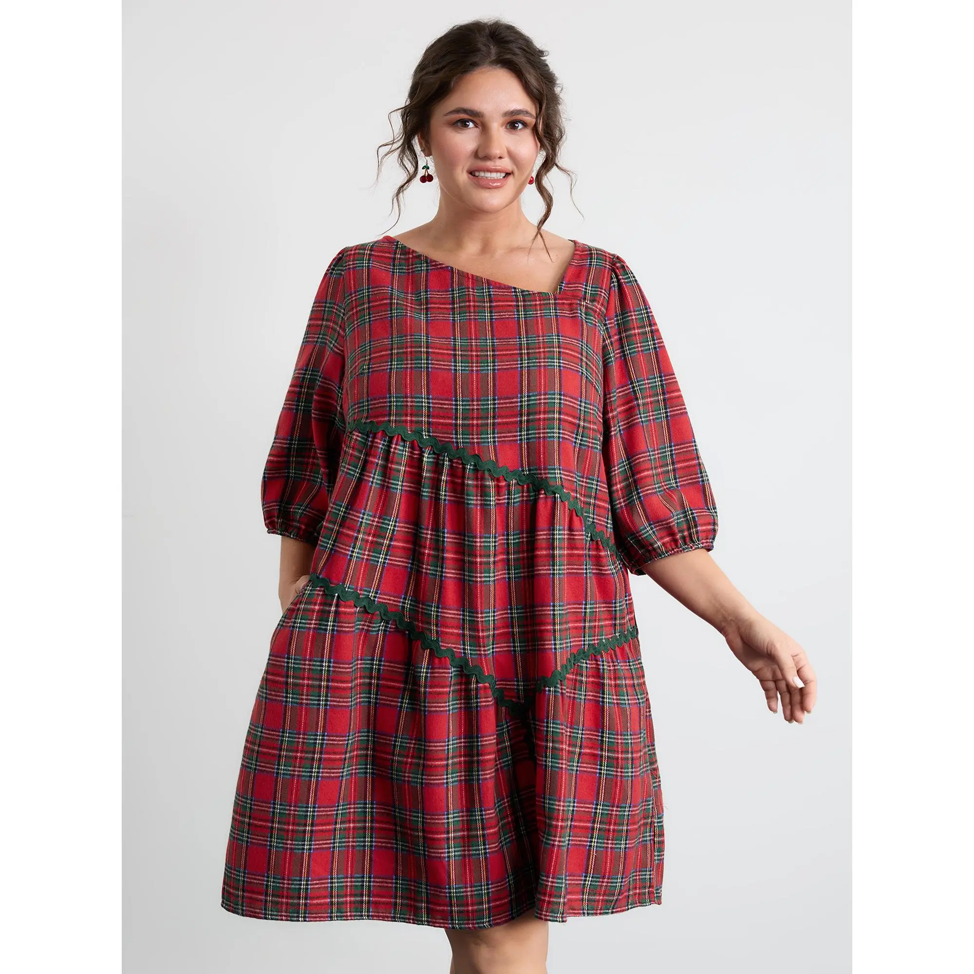 BLOOMCHIC Women's Plus Size Festive Checkered Print Lantern Sleeve Mini Dress - Wavy Trim, Asymmetrical Design, Pocket, Polyester Fabric, Smooth Fit, Cold Wash, Cool Iron, 18-20/2X, M-6X, Ready to Wear 2026 Summer Casual Clothes