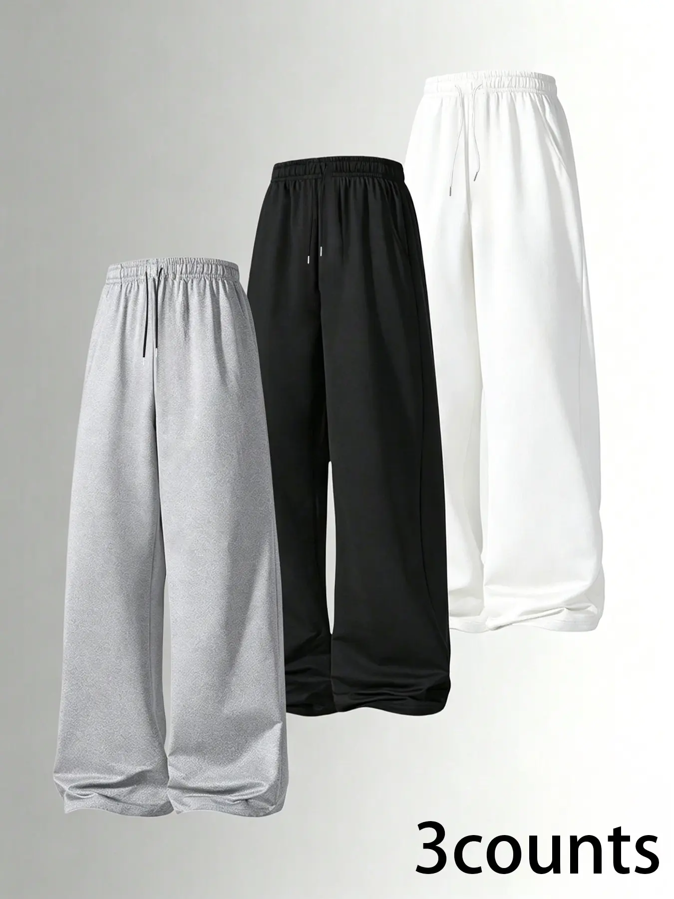 Men's 3-Pack Wide-Leg Loose Soft Sweatpants, Sports Bottoms, Drawstring Waist, Casual Street Style, Long Regular Fit, Comfortable Daily Wear