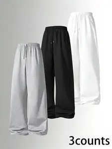 Men's 3-Pack Wide-Leg Loose Soft Sweatpants, Sports Bottoms, Drawstring Waist, Casual Street Style, Long Regular Fit, Comfortable Daily Wear