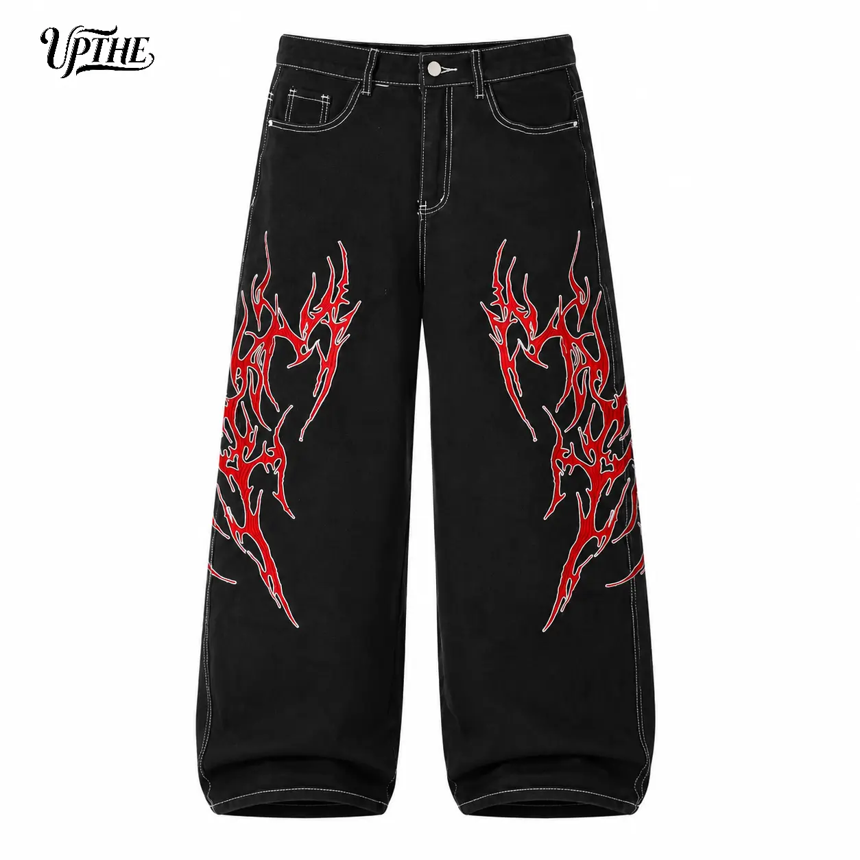 UPTHE Men’s Black Ultra Wide Leg Baggy Denim Jeans, New Jersey Y2K goth streetwear pants with bold red tribal flame print, oversized loose silhouette, punk grunge skater design for hip-hop casual daily street fashion outfits Classic Menswear