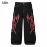 UPTHE Men’s Black Oversize Loose-Fit Low-Rise Baggy Denim Jeans - Y2K Goth Streetwear Pants with Button, Bold Red Tribal Flame Print, Ultra Wide Leg, Punk Grunge Skater Design, for Hip-Hop Casual Daily Outfits, New Year Menswear Bottoms