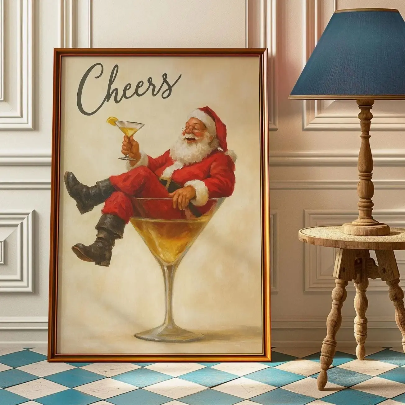 Cheers Santa Claus Poster, Funny Retro Christmas Wall Art, Vintage Holiday Cocktail Print, Christmas Holiday  Decor| Framless Poster Q