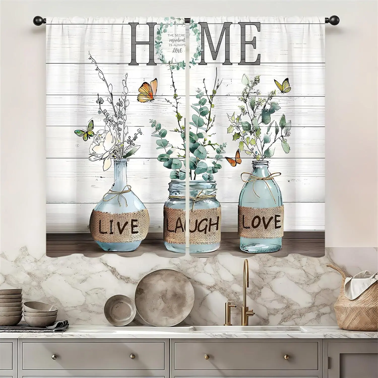 【Moving Season】2-Panel Green Leaves Rod Pocket Kitchen Curtain, Farmhouse Vintage Rustic Home Textile, Small Short Cafe Tier Drapes for Window Treatment, Bathroom Interior Decoration Accessories