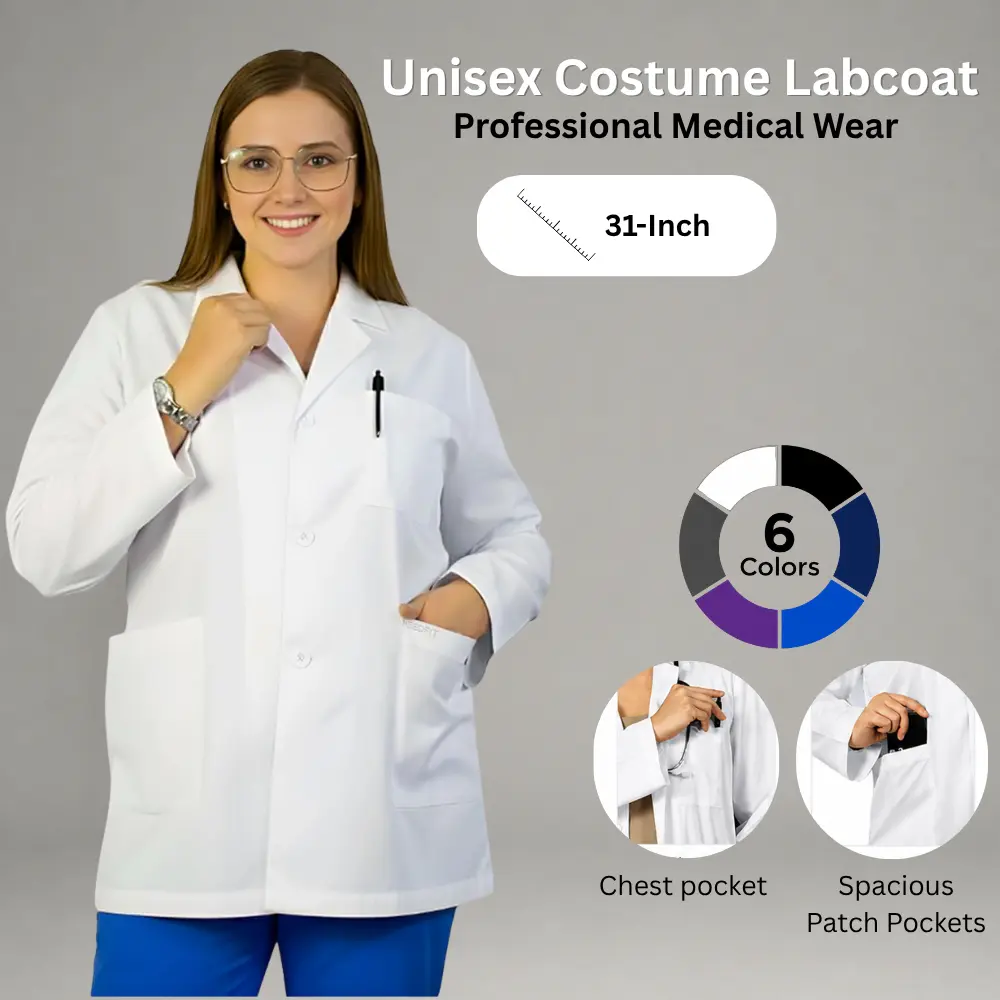 HeedFit Men's Short Workwear Lab Coat - Smooth Poly-Cotton Fabric, Wrinkle-Resistant, 31-Inch 3-Button Menswear Uniform with Pockets for Costume & Daily Wear, Plain, Stylish, Classic Fit, Soft