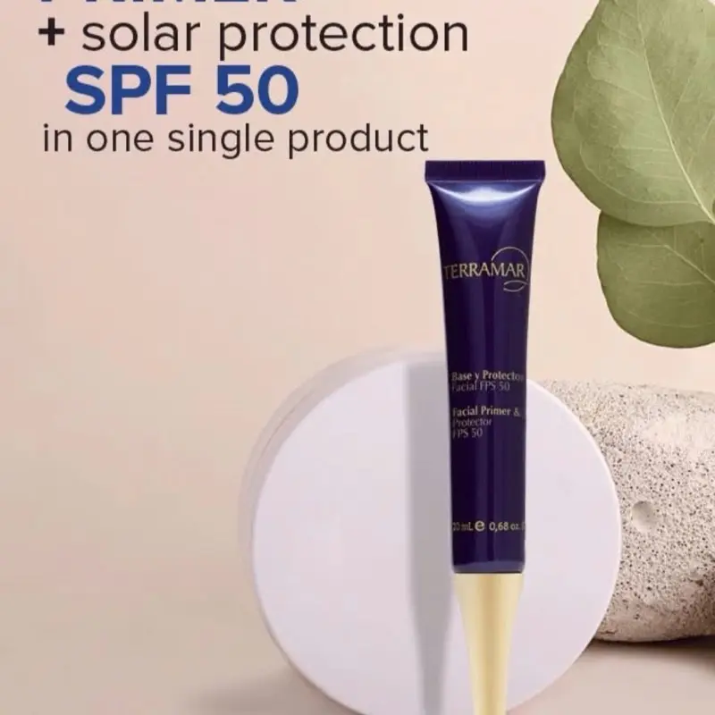Facial primer with SPF 50 sunscreen in one product.