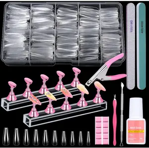 600PCS Clear Coffin Nail Tips Set Qinzave Clear Acrylic Nail Tips with Nail Glue Coffin Nails Full Cover with Nail Display Stand, Cuticle Nail Pusher Remover, Nail Files Buffer