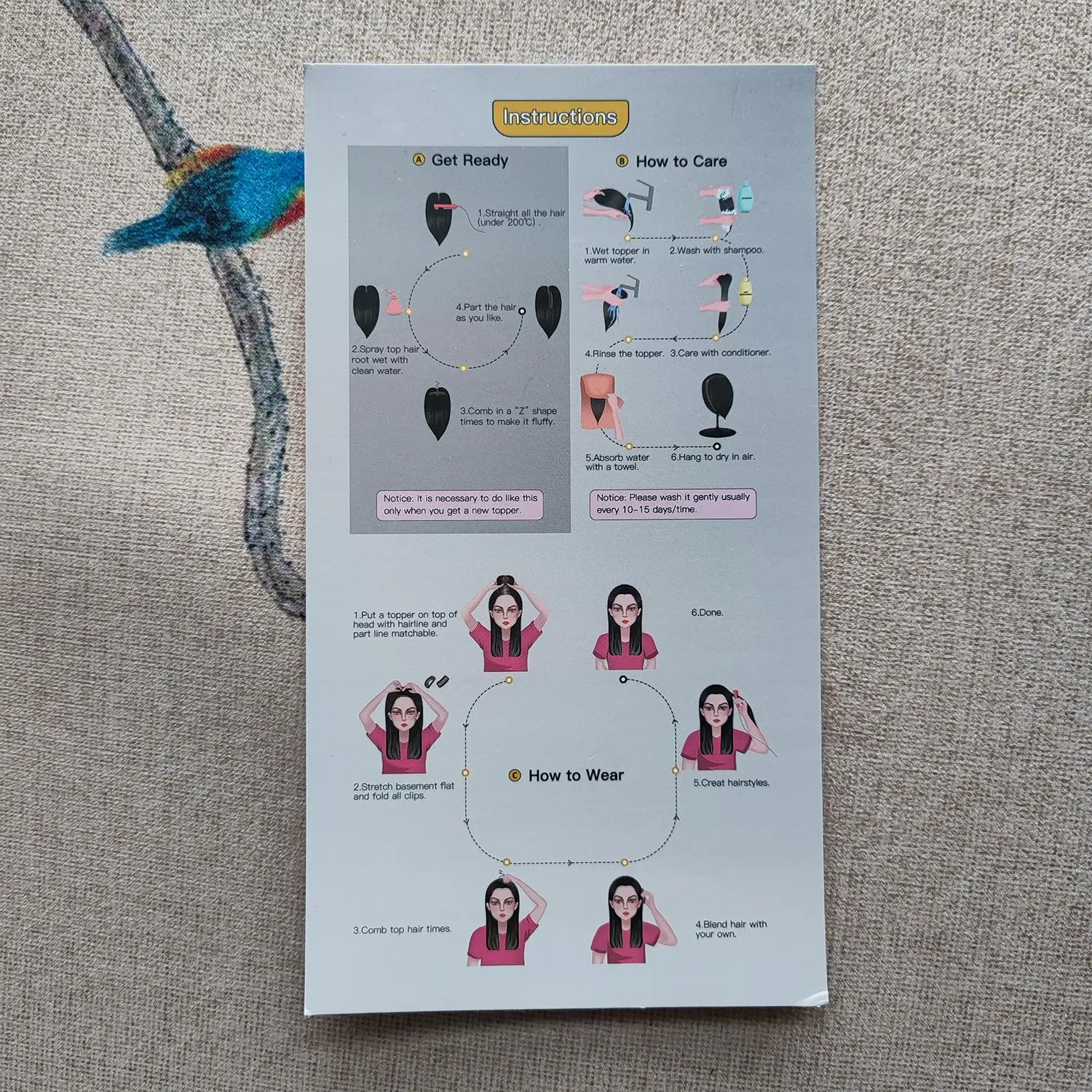 【Don't buy -  topper service card】A card with instructions for cleaning, caring for and wearing the topper, made of coated paper.